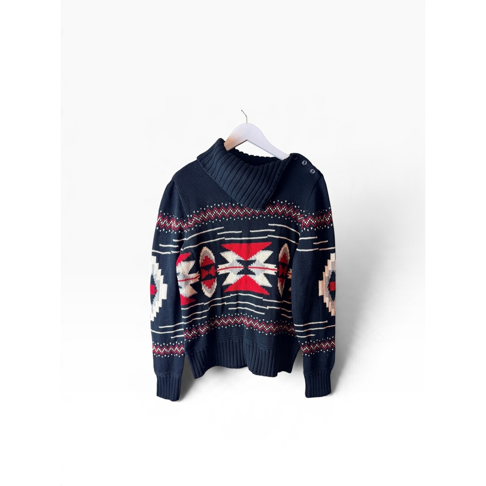 Vintage Chaps Womens L Navy Blue Southwestern Cotton Button Shawl Neck Sweater